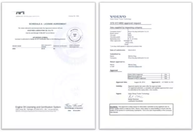 公司的15W-40CI-4/SL产品通过了VOLVOVDS-3 、MackEO-N 、RenaultVI RLD-2 认证